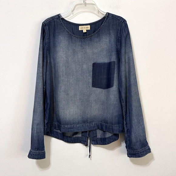 Cloth & Stone Chambray Blouse S Back Lace Up Shadow Pocket Blue Long Sleeve - Picture 1 of 11